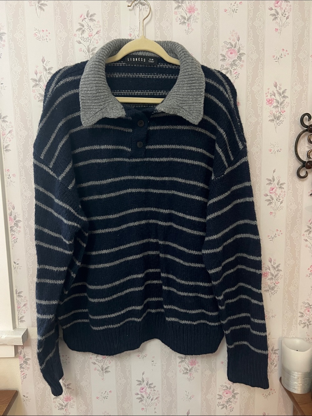 Lioness Navy & Gray Striped Crewneck Polo Sweater